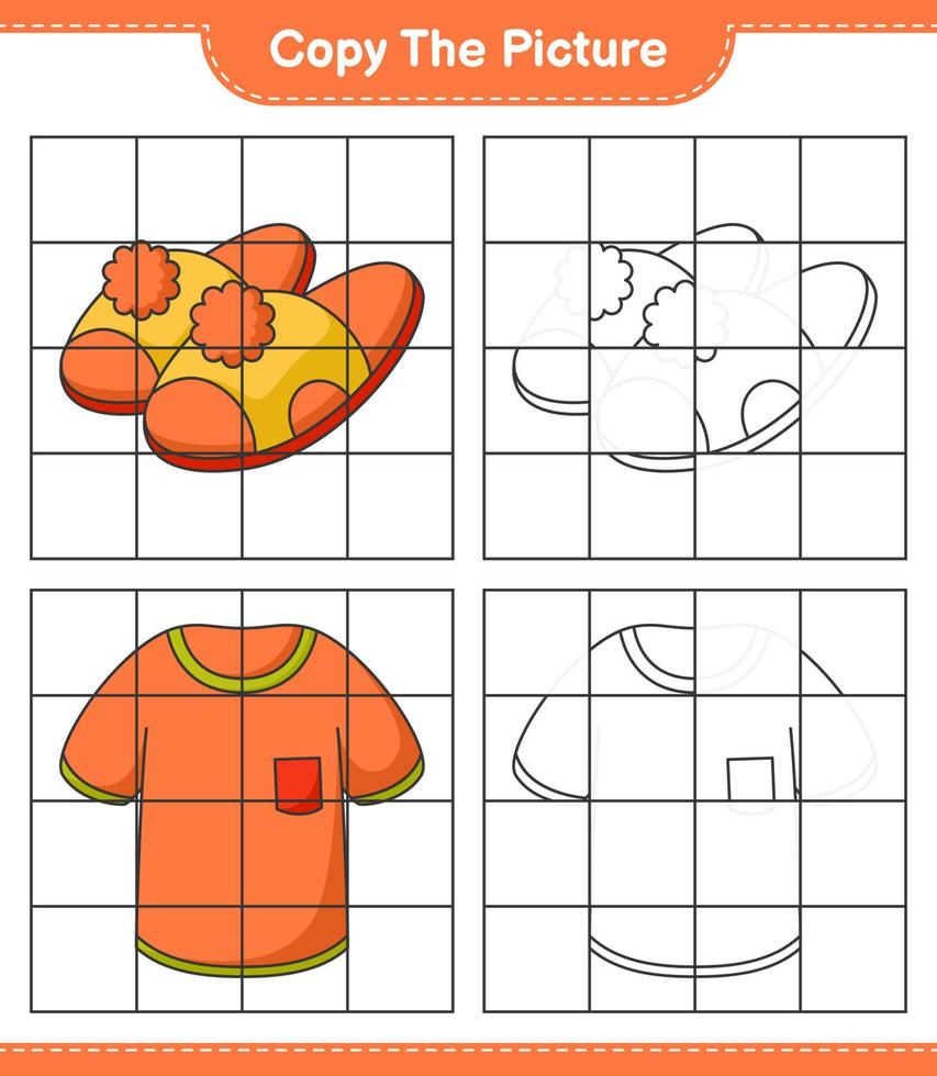 Copy the picture, copy the picture of Tshirt and Slippers using grid lines. Educational children game, printable worksheet, vector illustration
