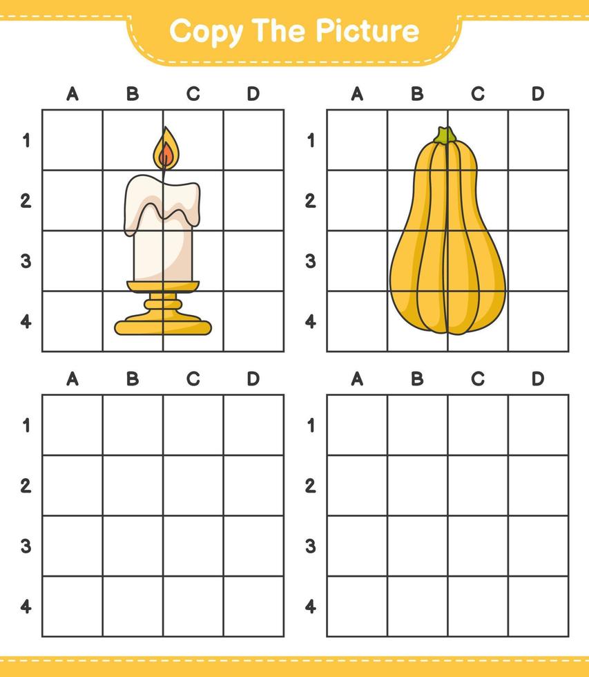 Copy the picture, copy the picture of Candle and Butternut Squash using grid lines. Educational children game, printable worksheet, vector illustration