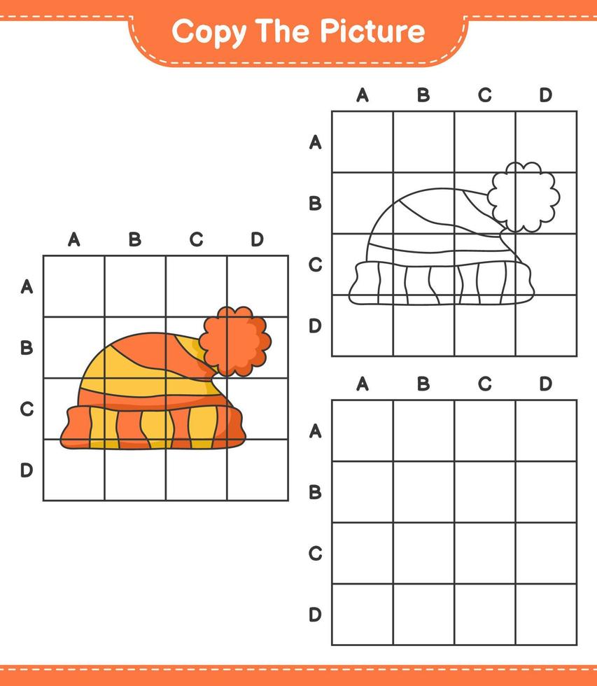 Copy the picture, copy the picture of Hat using grid lines. Educational children game, printable worksheet, vector illustration