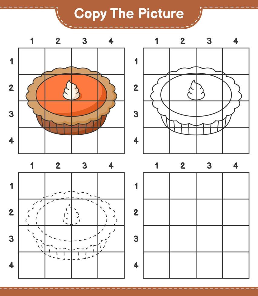 Copy the picture, copy the picture of Pie using grid lines. Educational children game, printable worksheet, vector illustration