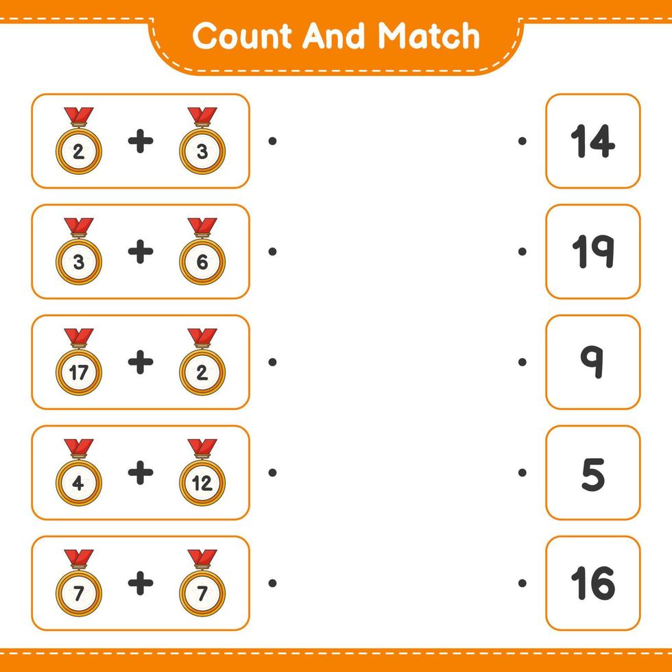 Count and match, count the number of Trophy and match with the right numbers. Educational children game, printable worksheet, vector illustration