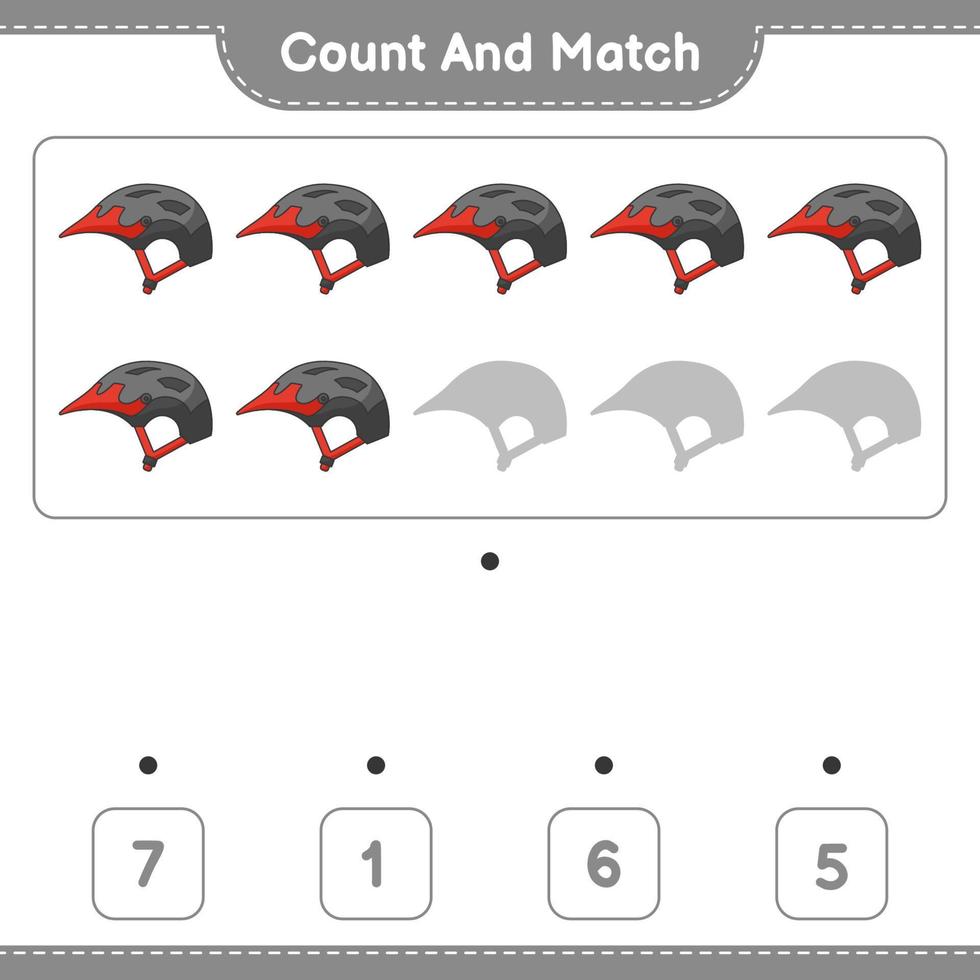 Count and match, count the number of Bicycle Helmet and match with the right numbers. Educational children game, printable worksheet, vector illustration