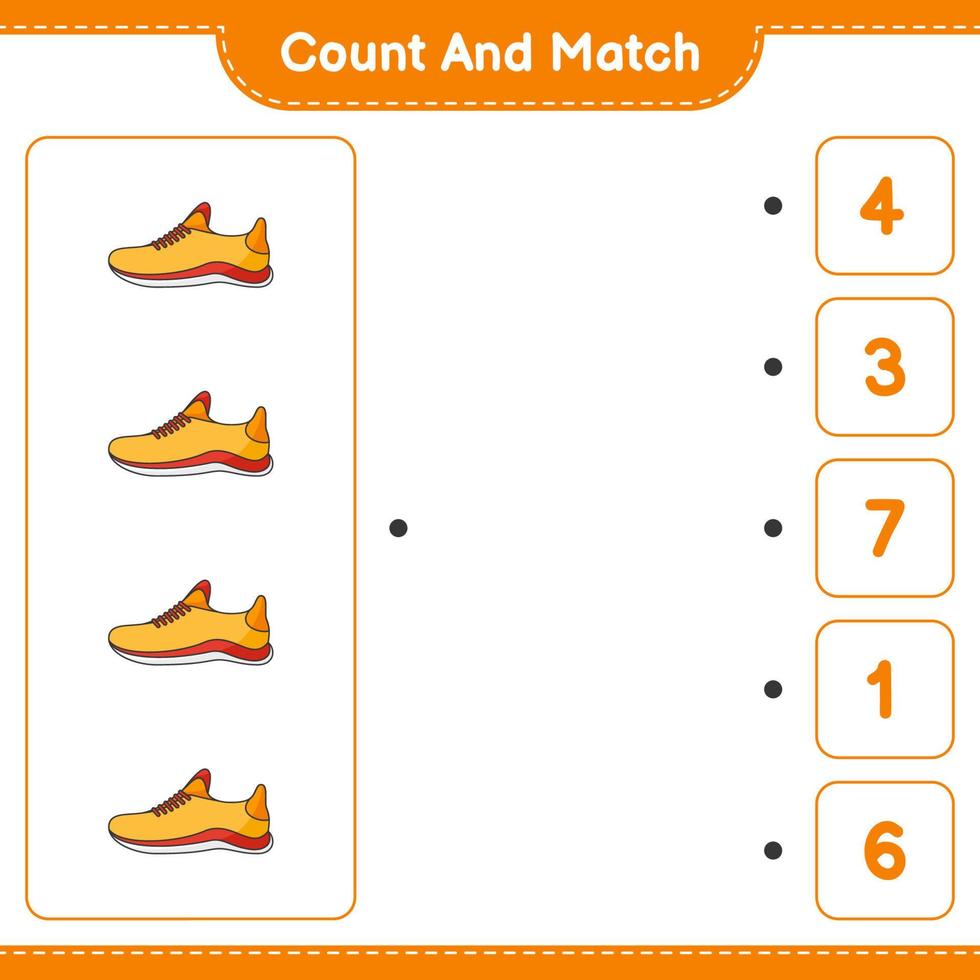 Count and match, count the number of Running Shoes and match with the right numbers. Educational children game, printable worksheet, vector illustration