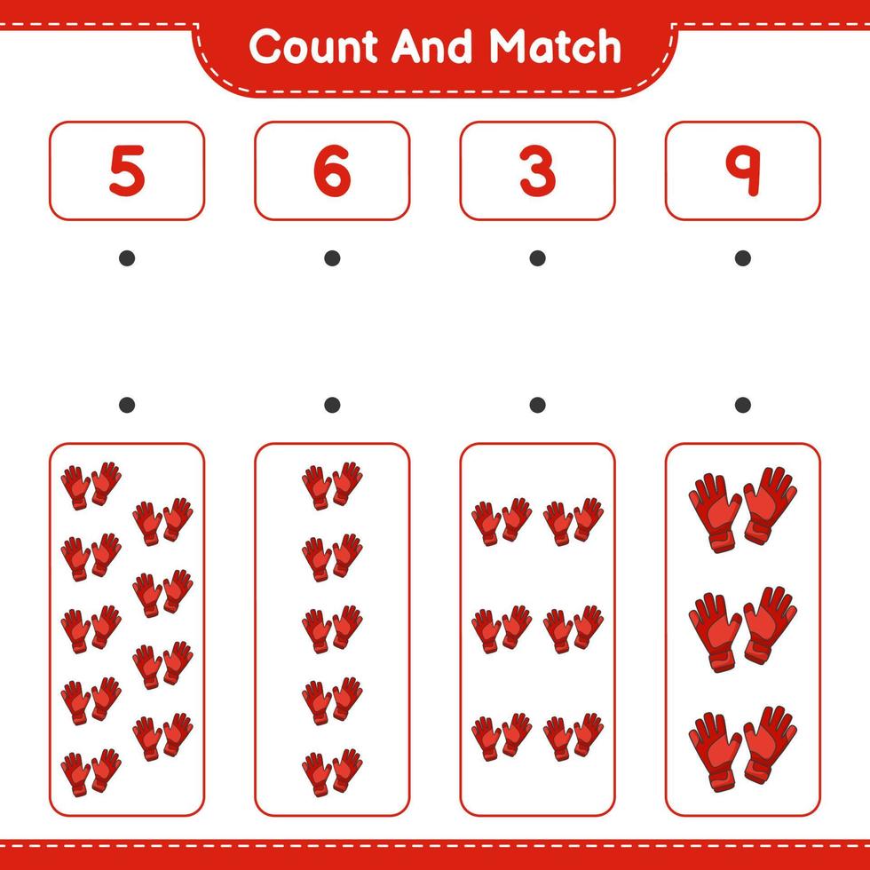 Count and match, count the number of Goalkeeper Gloves and match with the right numbers. Educational children game, printable worksheet, vector illustration