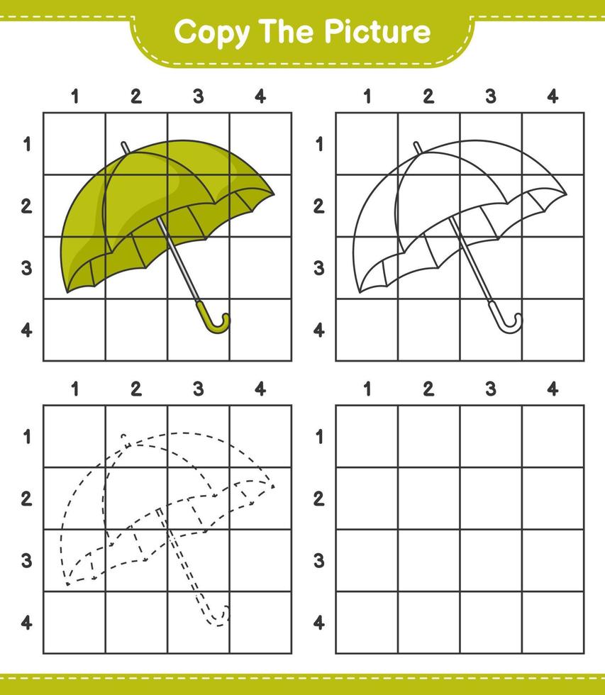 Copy the picture, copy the picture of Umbrella using grid lines. Educational children game, printable worksheet, vector illustration