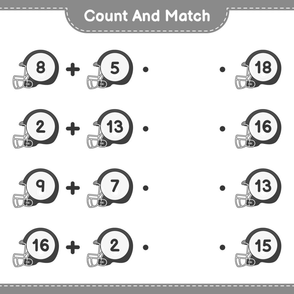 cuenta y empareja, cuenta el número de cascos de fútbol americano y empareja con los números correctos. juego educativo para niños, hoja de cálculo imprimible, ilustración vectorial vector