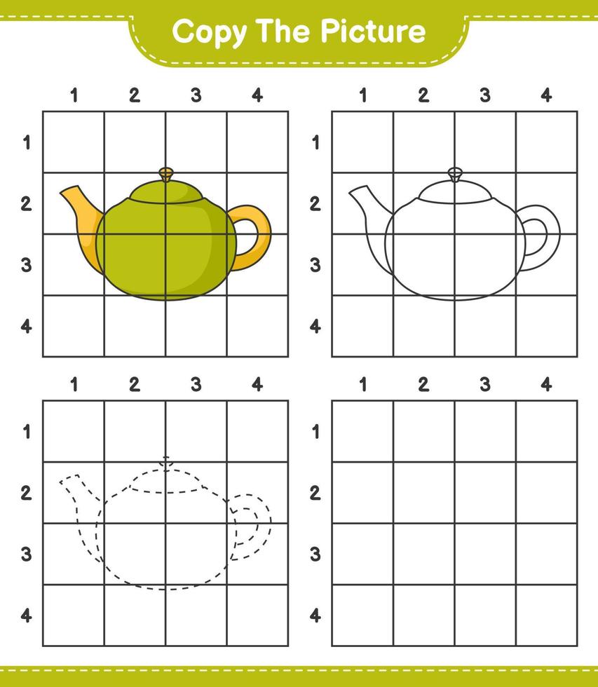 Copy the picture, copy the picture of Teapot using grid lines. Educational children game, printable worksheet, vector illustration