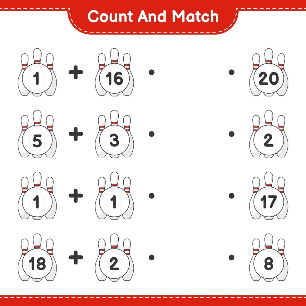 Count and match, count the number of Bowling Pin and match with the right numbers. Educational children game, printable worksheet, vector illustration