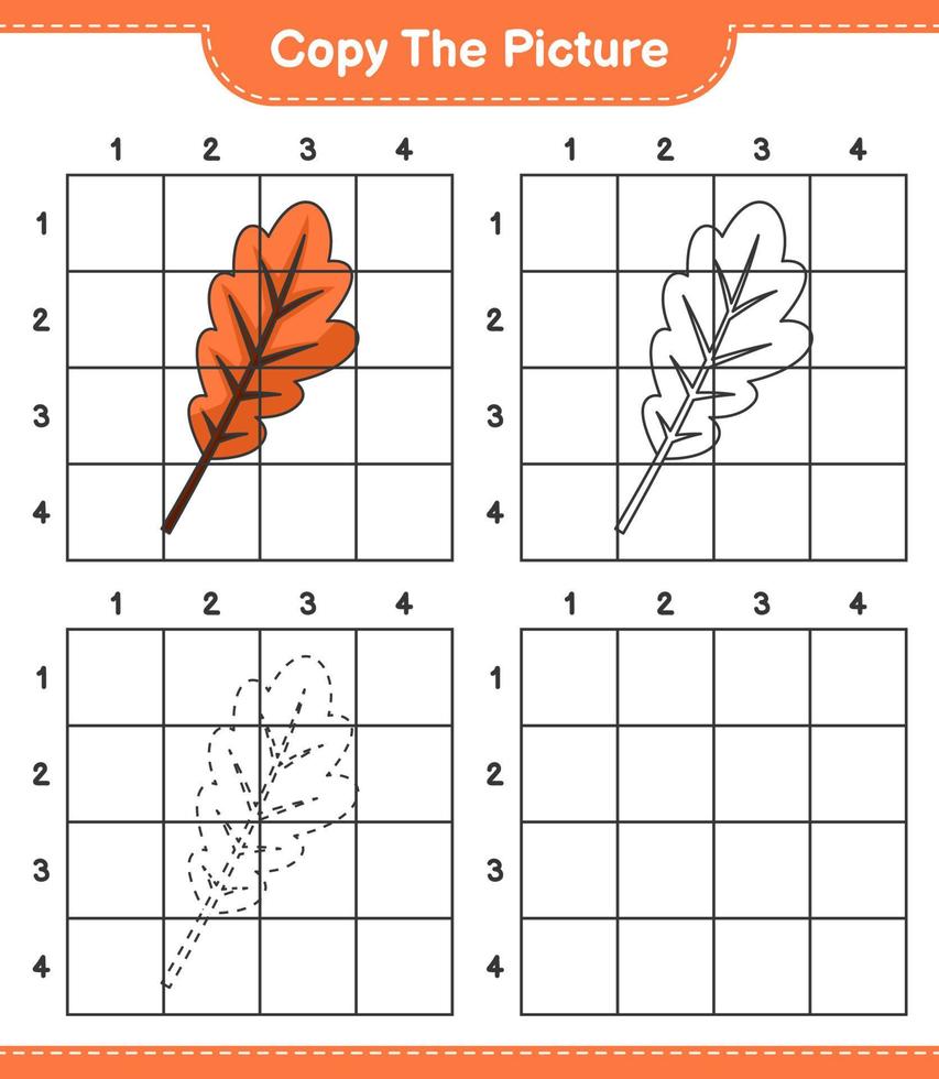 Copy the picture, copy the picture of Oak Leaf using grid lines. Educational children game, printable worksheet, vector illustration