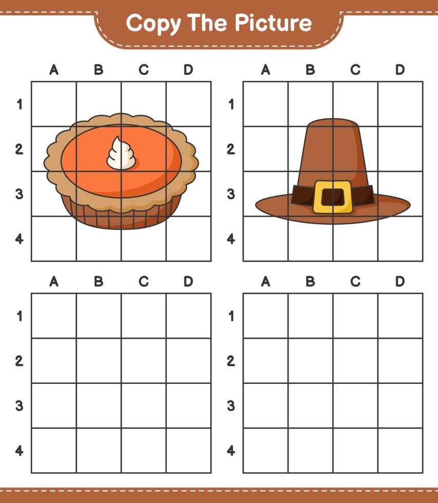 Copy the picture, copy the picture of Hat and Pie using grid lines. Educational children game, printable worksheet, vector illustration