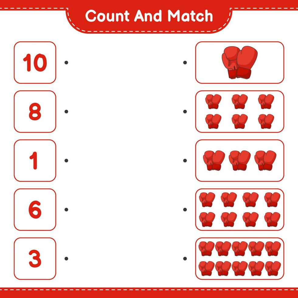 Count and match, count the number of Boxing Gloves and match with the right numbers. Educational children game, printable worksheet, vector illustration