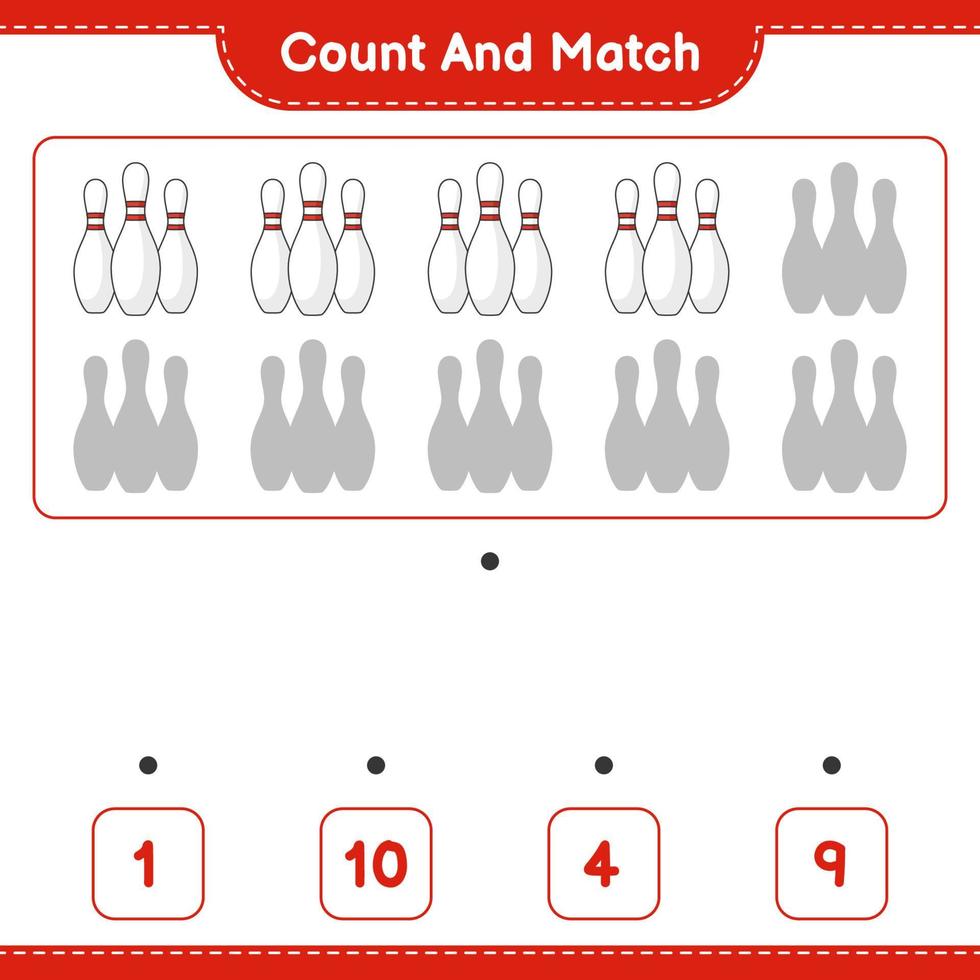 Count and match, count the number of Bowling Pin and match with the right numbers. Educational children game, printable worksheet, vector illustration