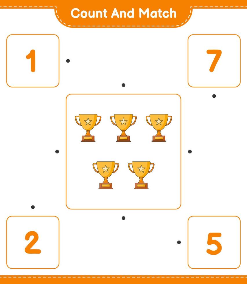 Count and match, count the number of Trophy and match with the right numbers. Educational children game, printable worksheet, vector illustration