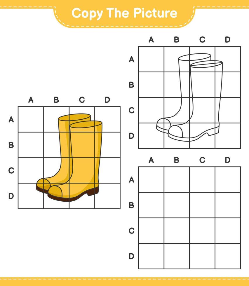 Copy the picture, copy the picture of Rubber Boots using grid lines. Educational children game, printable worksheet, vector illustration