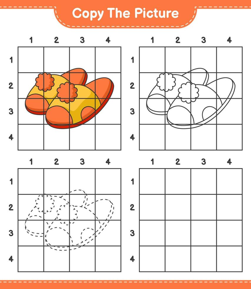 Copy the picture, copy the picture of Slippers using grid lines. Educational children game, printable worksheet, vector illustration