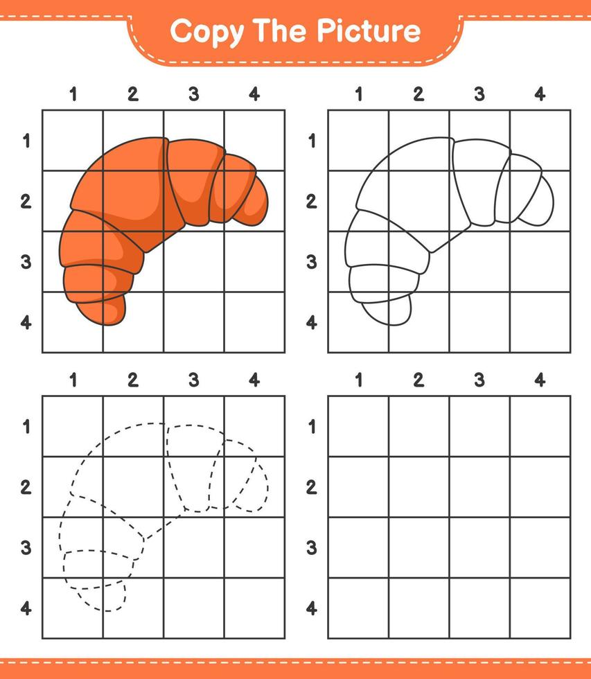 Copy the picture, copy the picture of Croissant using grid lines. Educational children game, printable worksheet, vector illustration
