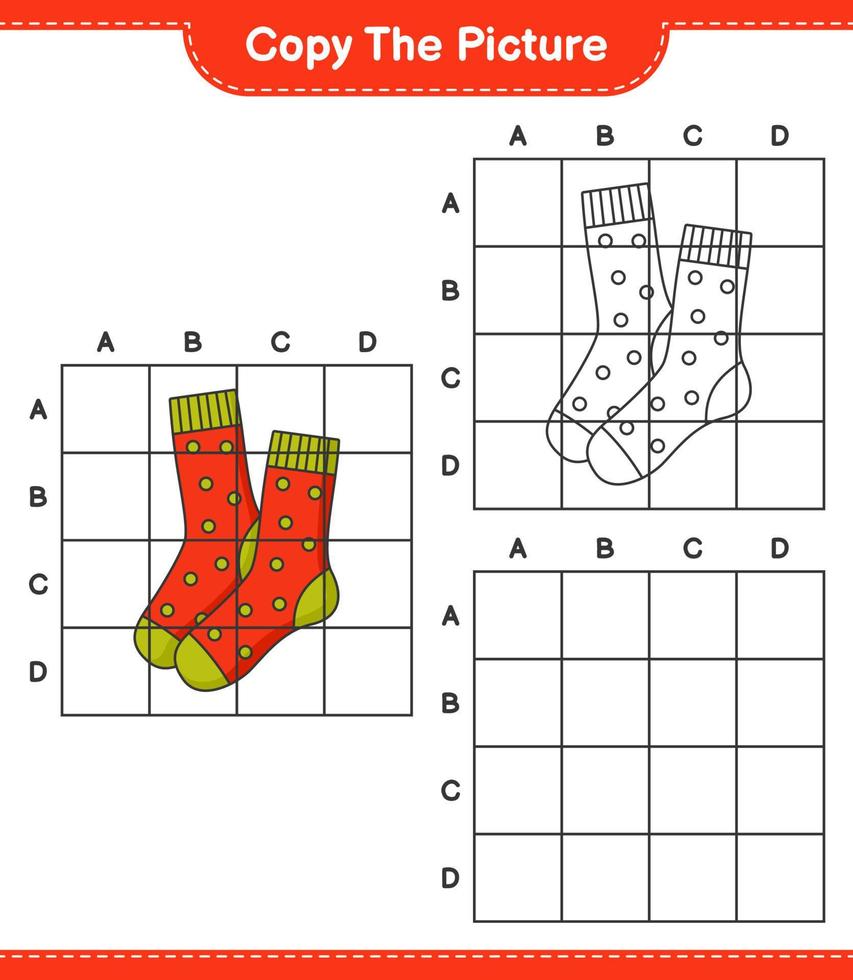 Copy the picture, copy the picture of Socks using grid lines. Educational children game, printable worksheet, vector illustration