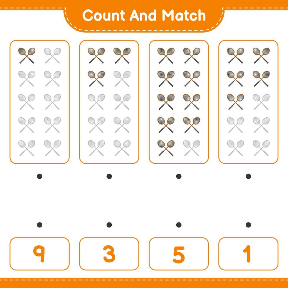 Count and match, count the number of Badminton Rackets and match with the right numbers. Educational children game, printable worksheet, vector illustration