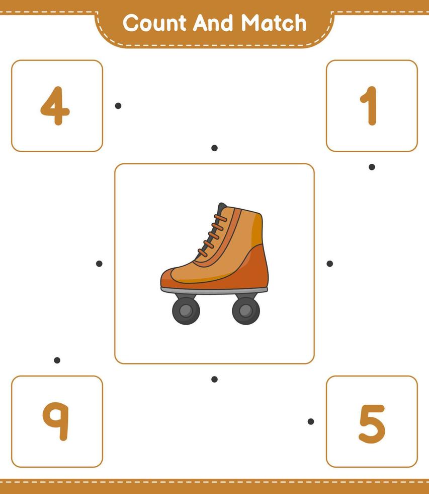 cuenta y empareja, cuenta el número de patines y empareja con los números correctos. juego educativo para niños, hoja de cálculo imprimible, ilustración vectorial vector