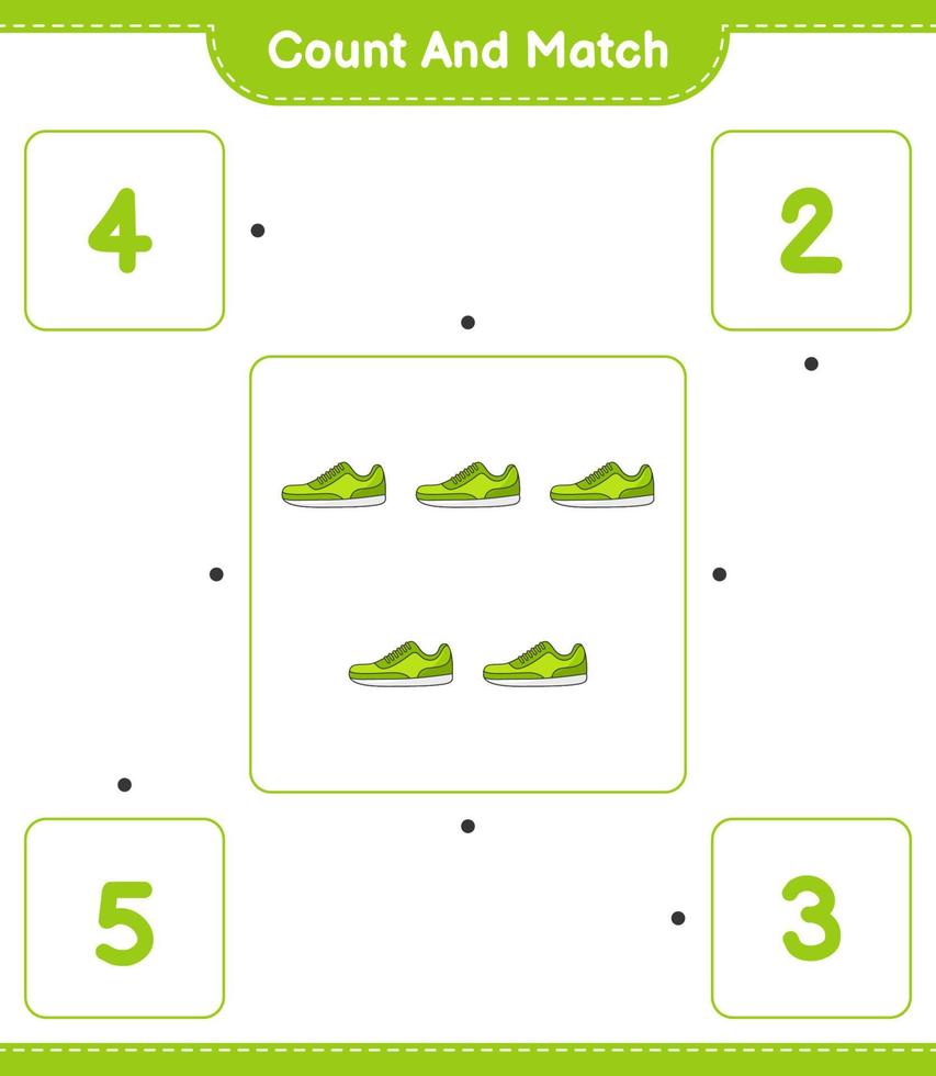 Count and match, count the number of Sneaker and match with the right numbers. Educational children game, printable worksheet, vector illustration