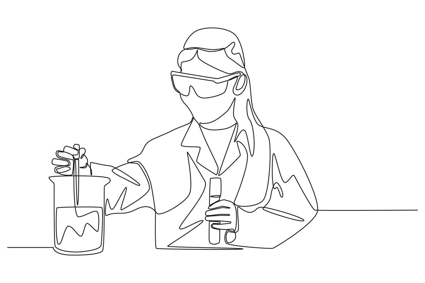 Continuous one line drawing scientific woman with transparent glasses performs tests with liquid in tube. Scientist concept. Single line draw design vector graphic illustration.