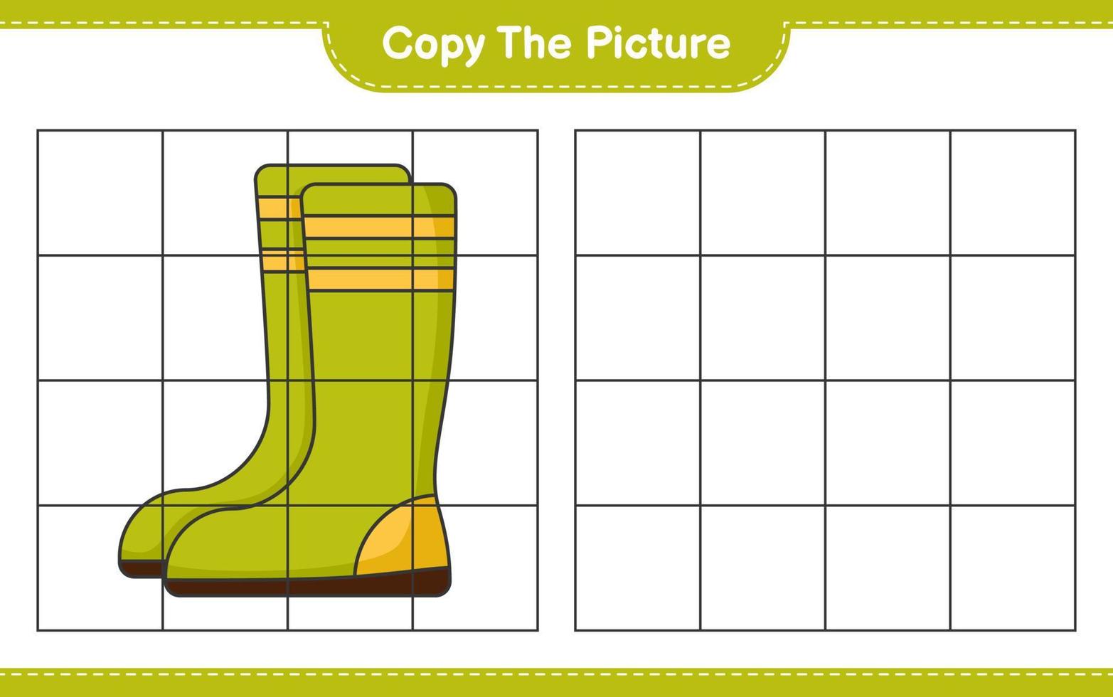 Copy the picture, copy the picture of Rubber Boots using grid lines. Educational children game, printable worksheet, vector illustration
