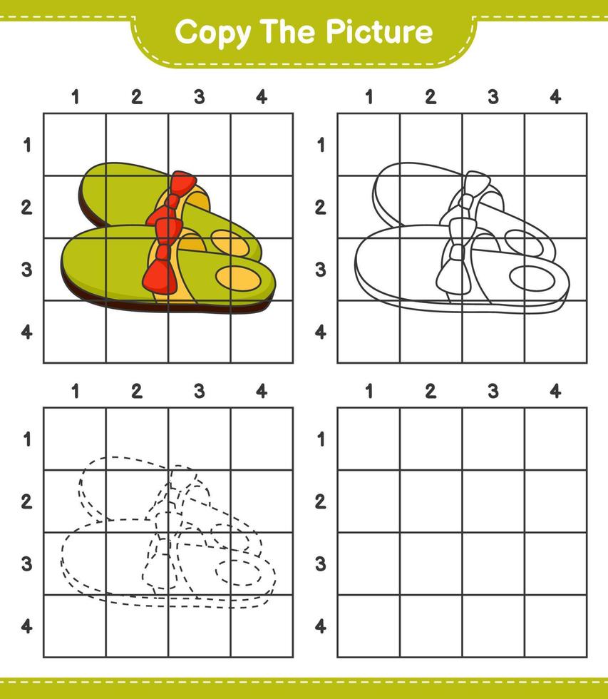 Copy the picture, copy the picture of Slippers using grid lines. Educational children game, printable worksheet, vector illustration