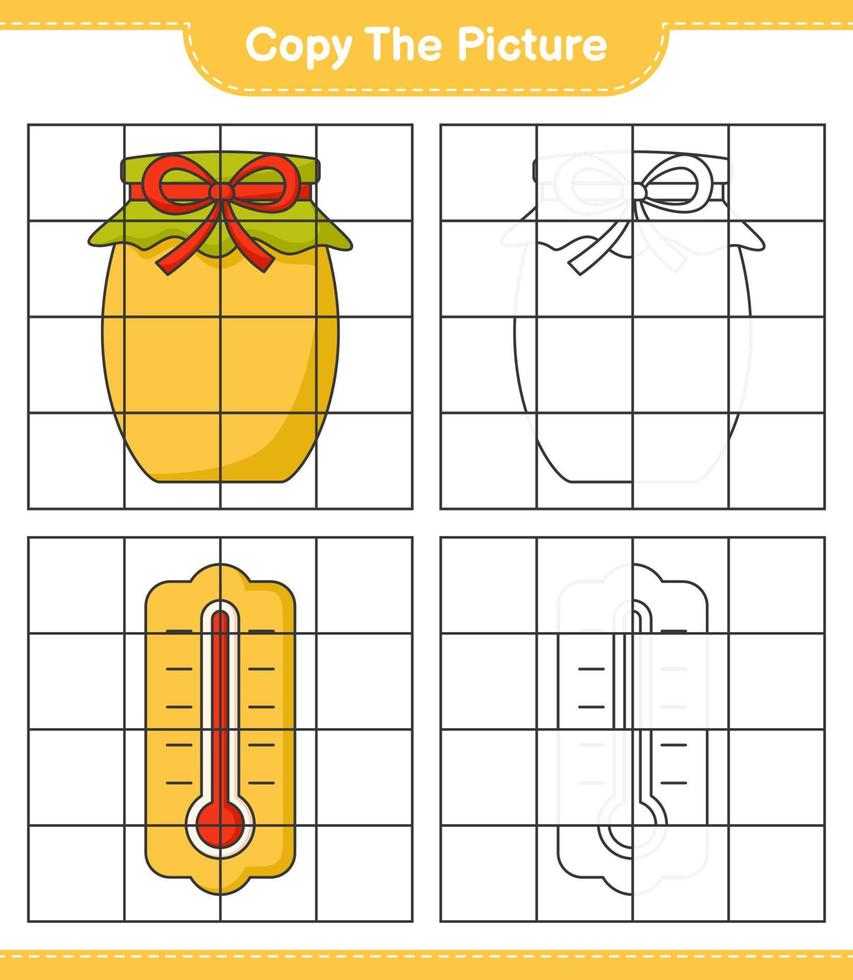 copie la imagen, copie la imagen del termómetro y mermelada usando líneas de cuadrícula. juego educativo para niños, hoja de cálculo imprimible, ilustración vectorial vector