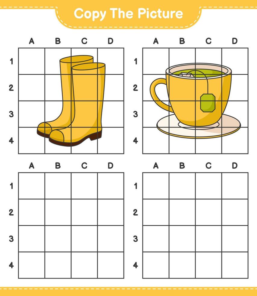 copie la imagen, copie la imagen de las botas de goma y la taza de té usando líneas de cuadrícula. juego educativo para niños, hoja de cálculo imprimible, ilustración vectorial vector