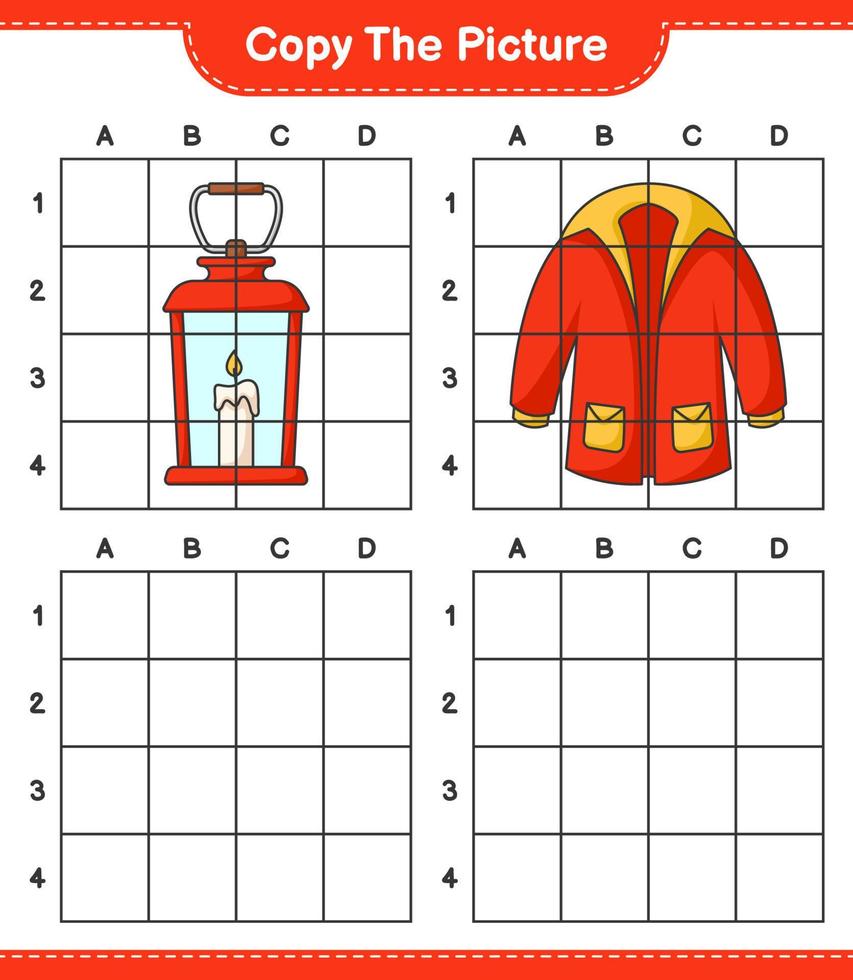 Copy the picture, copy the picture of Lantern and Warm Clothes using grid lines. Educational children game, printable worksheet, vector illustration