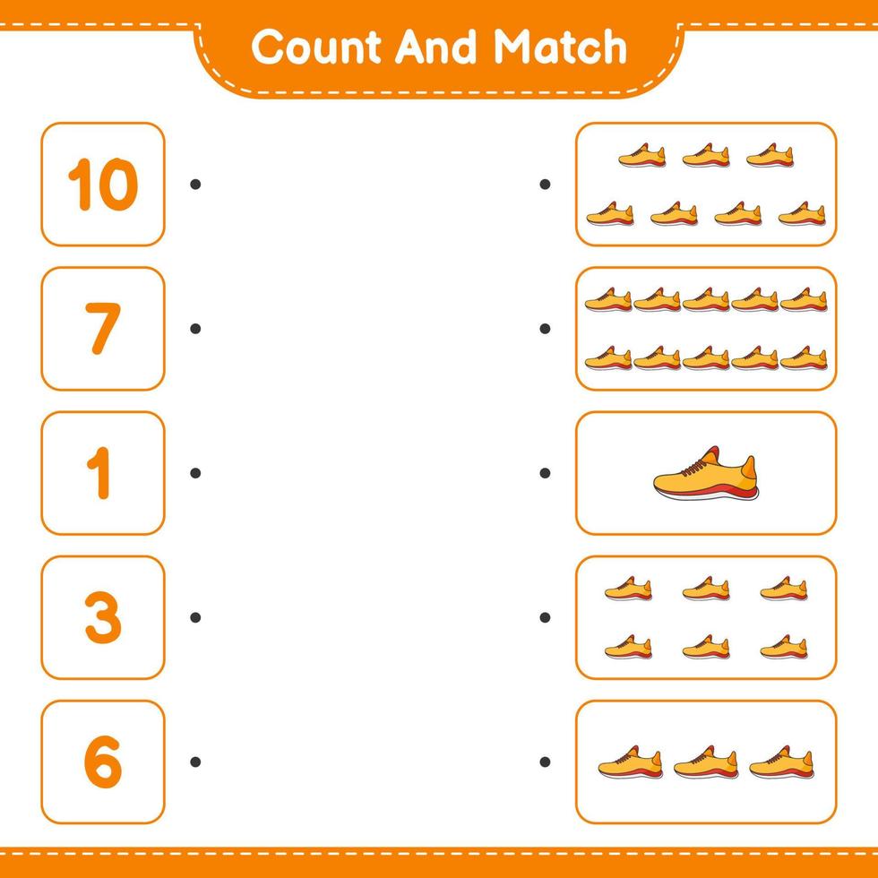 Count and match, count the number of Running Shoes and match with the right numbers. Educational children game, printable worksheet, vector illustration