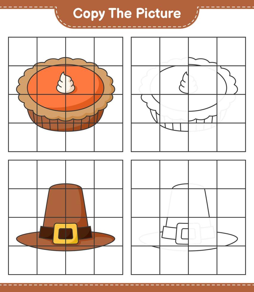 Copy the picture, copy the picture of Hat and Pie using grid lines. Educational children game, printable worksheet, vector illustration