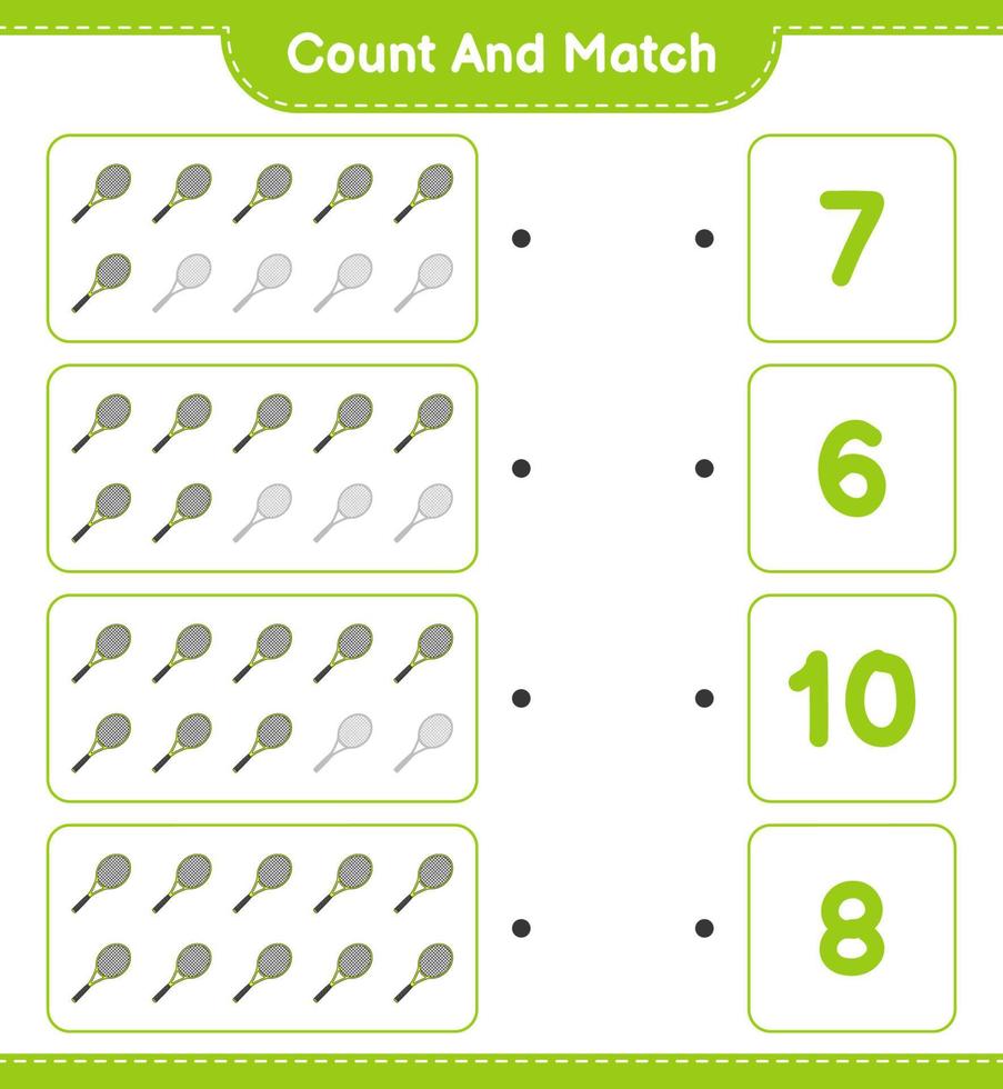Count and match, count the number of Tennis Racket and match with the right numbers. Educational children game, printable worksheet, vector illustration