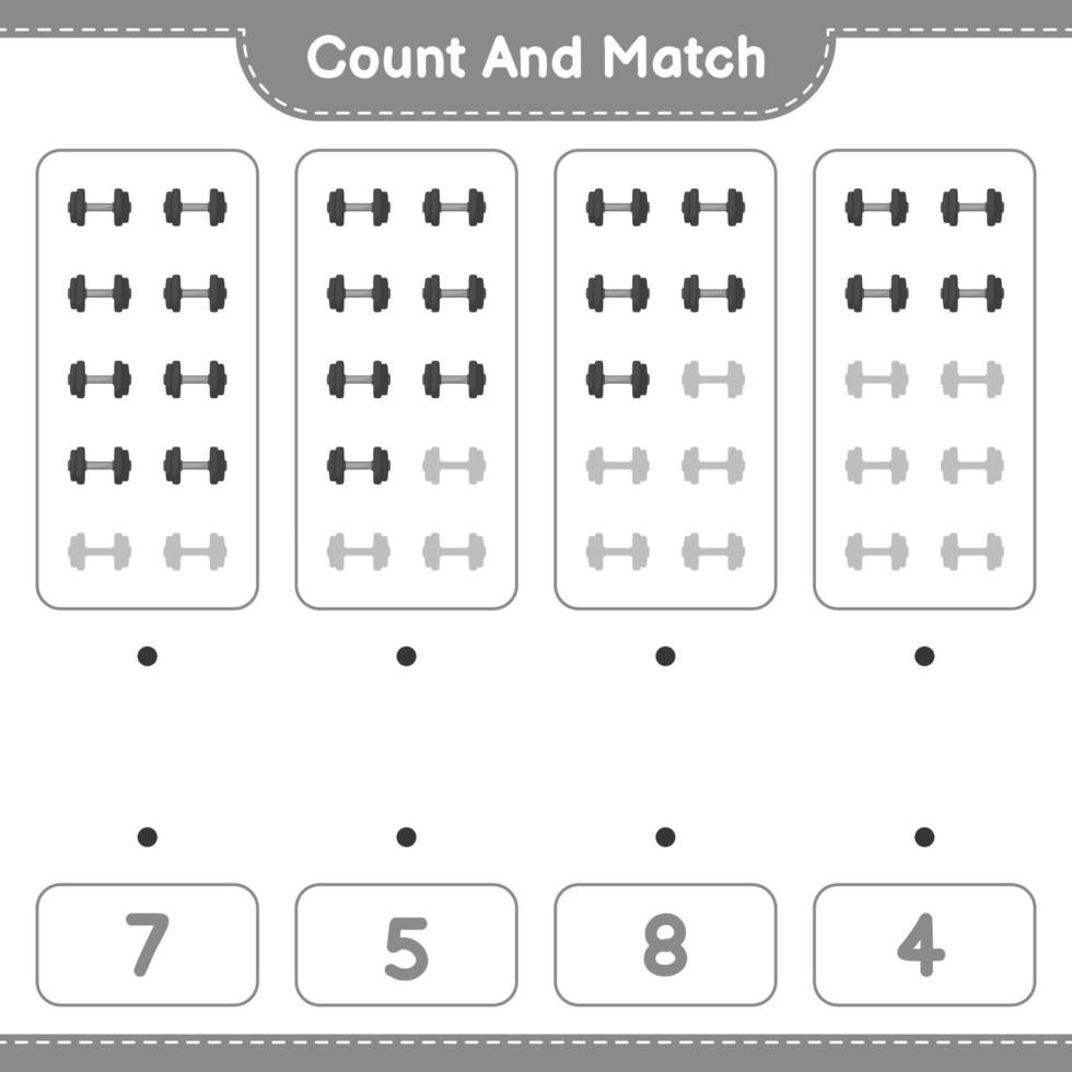 Count and match, count the number of Dumbbell and match with the right numbers. Educational children game, printable worksheet, vector illustration