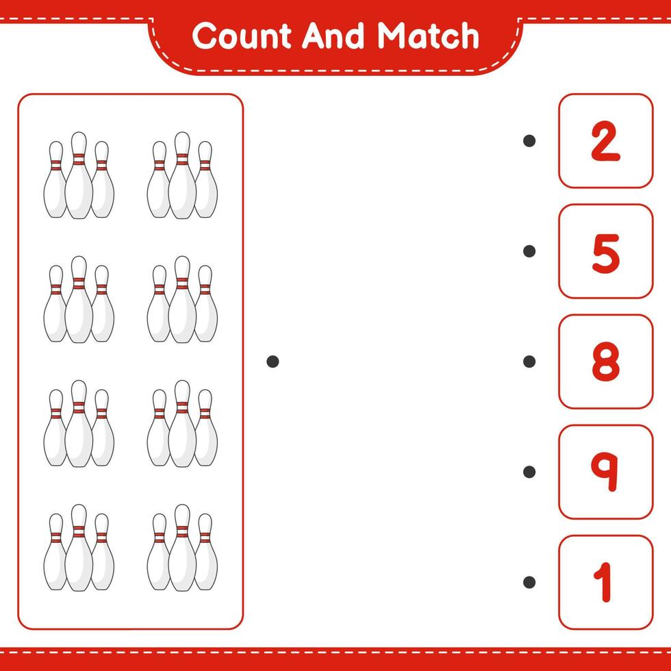 Count and match, count the number of Bowling Pin and match with the right numbers. Educational children game, printable worksheet, vector illustration