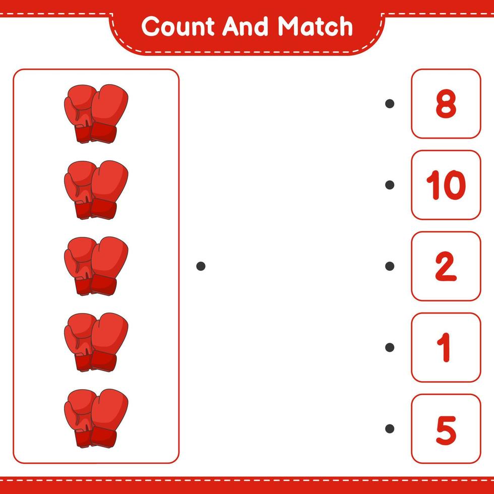 Count and match, count the number of Boxing Gloves and match with the right numbers. Educational children game, printable worksheet, vector illustration