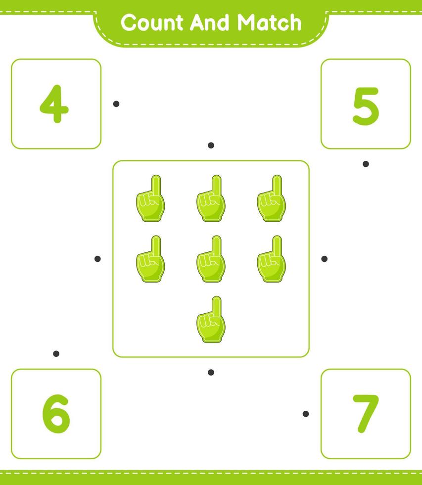 Count and match, count the number of Foam Finger and match with the right numbers. Educational children game, printable worksheet, vector illustration
