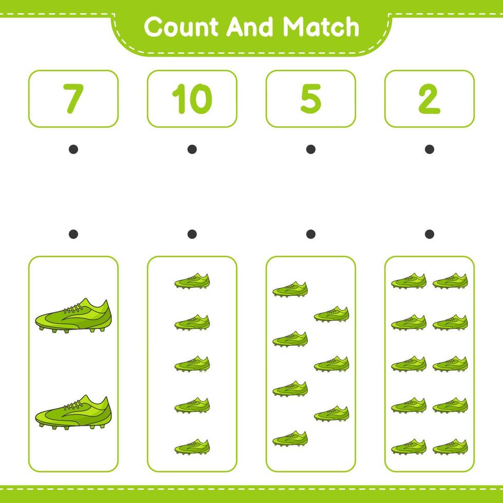 Count and match, count the number of Soccer Shoes and match with the right numbers. Educational children game, printable worksheet, vector illustration