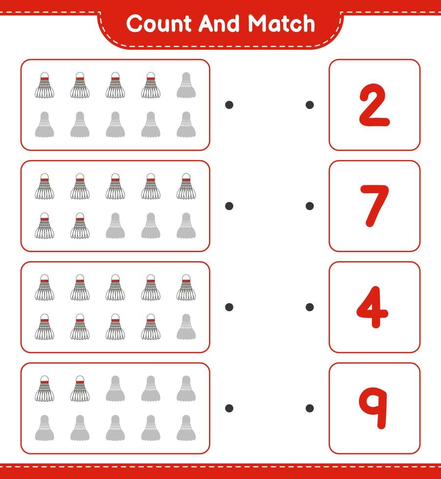 Count and match, count the number of Shuttlecock and match with the right numbers. Educational children game, printable worksheet, vector illustration