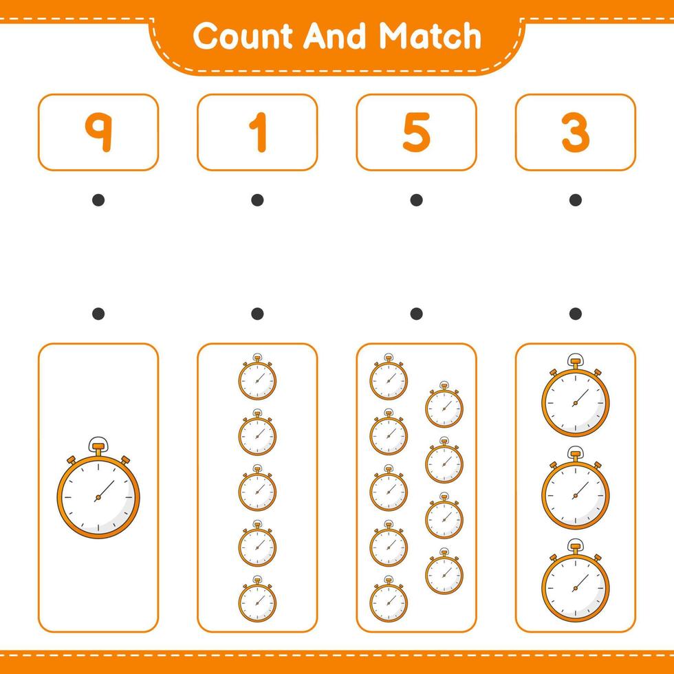 Count and match, count the number of Stopwatch and match with the right numbers. Educational children game, printable worksheet, vector illustration