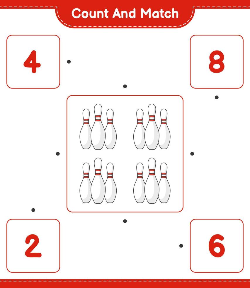 Count and match, count the number of Bowling Pin and match with the right numbers. Educational children game, printable worksheet, vector illustration