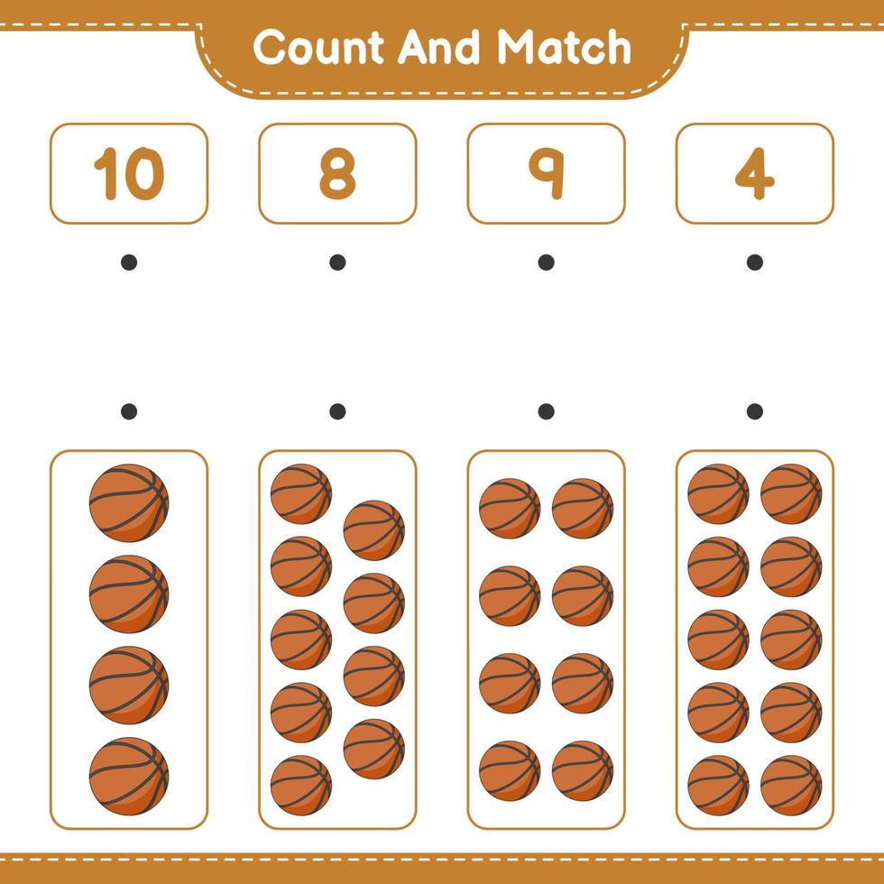 Count and match, count the number of Basketball and match with the right numbers. Educational children game, printable worksheet, vector illustration