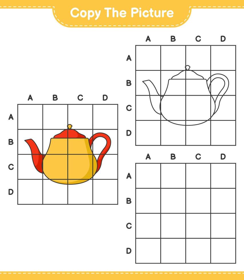 Copy the picture, copy the picture of Teapot using grid lines. Educational children game, printable worksheet, vector illustration