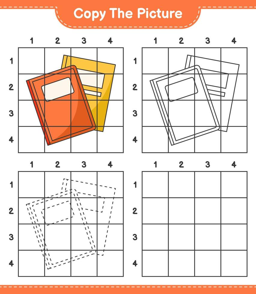 Copy the picture, copy the picture of Book using grid lines. Educational children game, printable worksheet, vector illustration
