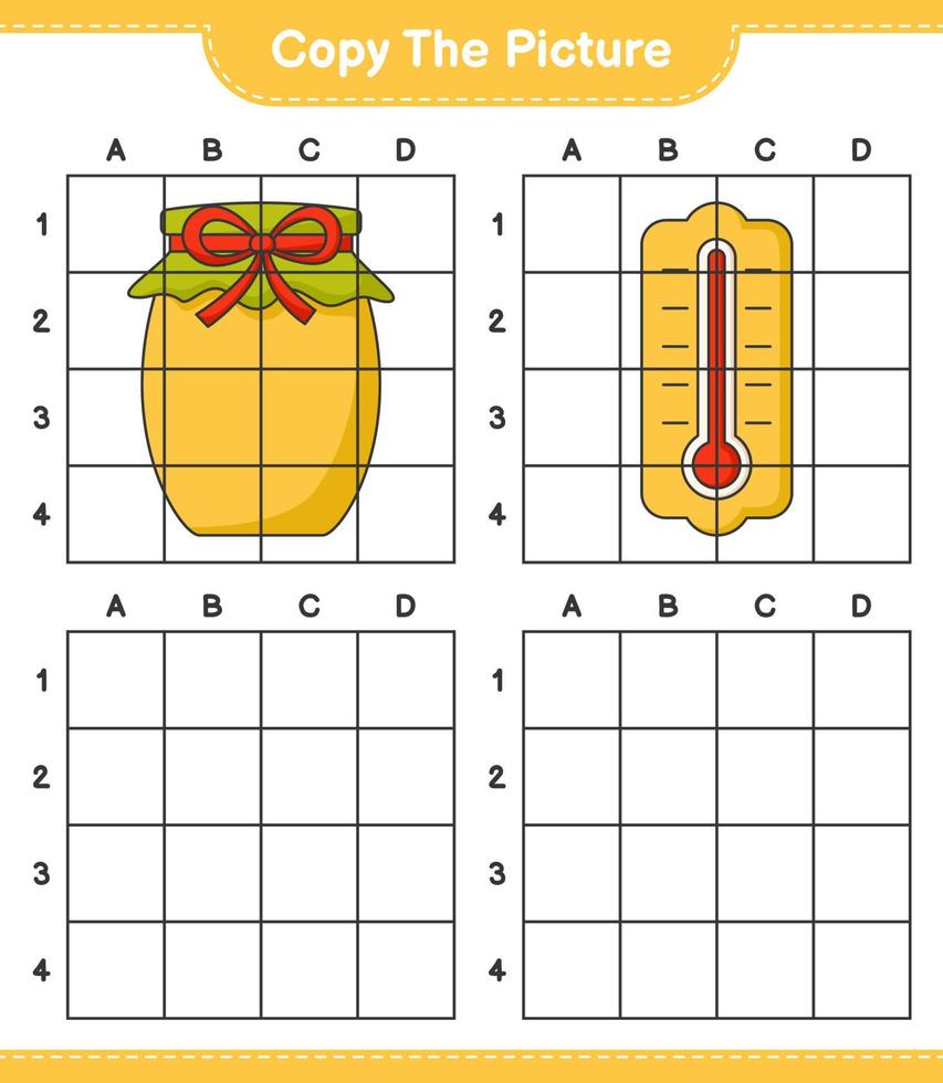 Copy the picture, copy the picture of Thermometer and Jam using grid lines. Educational children game, printable worksheet, vector illustration
