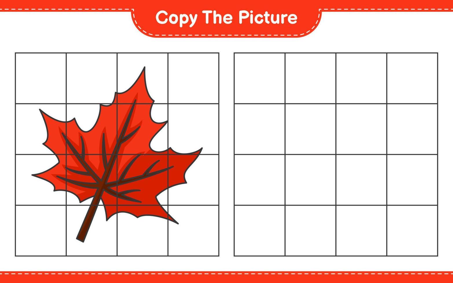 Copy the picture, copy the picture of Maple Leaf using grid lines. Educational children game, printable worksheet, vector illustration