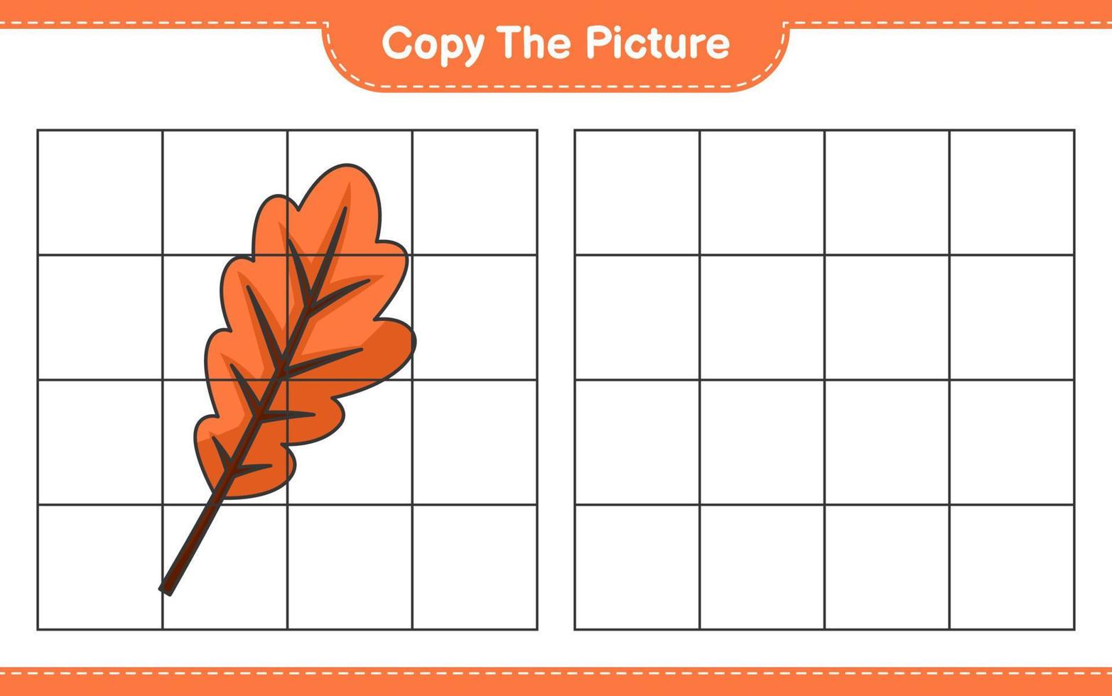 Copy the picture, copy the picture of Oak Leaf using grid lines. Educational children game, printable worksheet, vector illustration