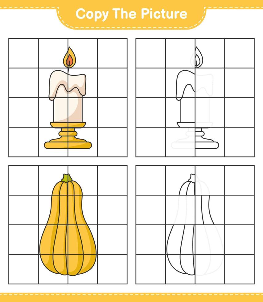 copie la imagen, copie la imagen de la vela y la calabaza usando líneas de cuadrícula. juego educativo para niños, hoja de cálculo imprimible, ilustración vectorial vector