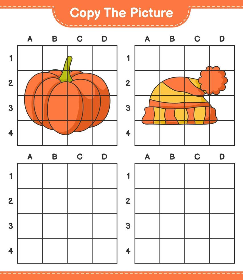 Copy the picture, copy the picture of Pumpkin and Hat using grid lines. Educational children game, printable worksheet, vector illustration