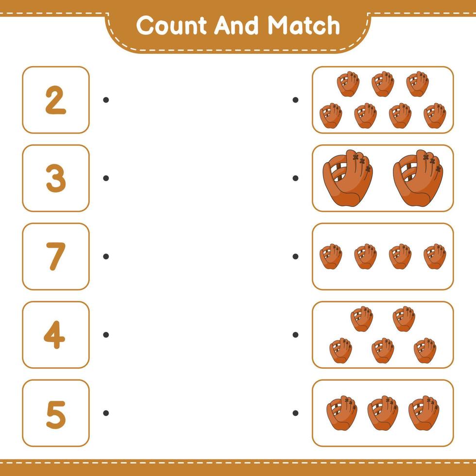Count and match, count the number of Baseball Glove and match with the right numbers. Educational children game, printable worksheet, vector illustration